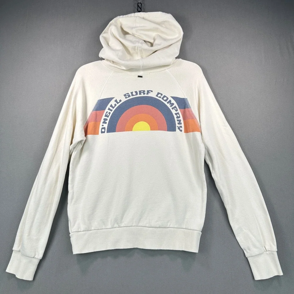 O'Neill Surf Hoodie Womens Small Cream Excellent Rainbow Graphic Beachy Retro